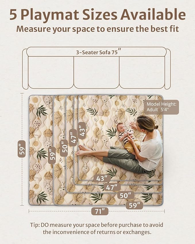 Blissful Diary Baby Play Mat, 47x47 Infant Play Mat for Playpen, Thicken Foam Cushioned Baby Mat for Floor, Non-Slip Kids Play Mat, Washable Baby Playmat for Babies,Toddlers, Earth Tones Design