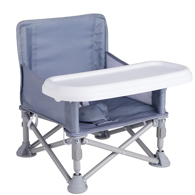 Portable Baby Booster Seat with Tray, Toddler Booster seat for Dining, Camping, Travel, Baby Beach Chair 6 Months to 3 Years Old Indoor Outdoor Use Grey
