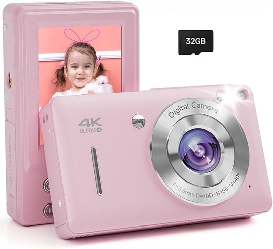 Digital Camera, 44MP FHD 1080P, 16X Zoom, 32GB SD Card, Compact Camera for Kids Teens Adults, Pink