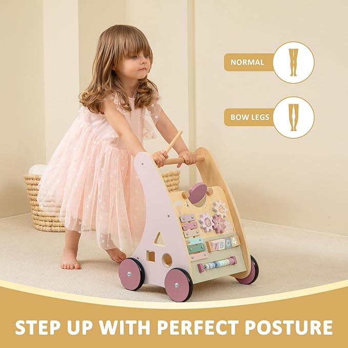 Pink Wooden Push Pull Sit to Stand Walker - Adjustable Learning Activity Center - Baby Learning to Walk - Educational Gift for Toddler Boy or Girl