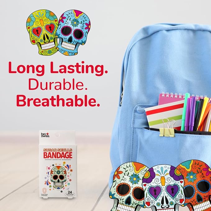 BioSwiss Bandages, Sugar Skull Shaped Self Adhesive Bandage, Latex Free Sterile Wound Care, Fun First Aid Kit Supplies for Kids, 24 Count
