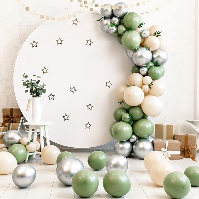 RUBFAC 129pcs Sage Green Balloons Different Sizes 18 12 10 5 Inch, Olive Green Latex Balloon Garland Arch Kit for Birthday Party Graduation Baby Shower Wedding Safari Jungle Balloon Decoration