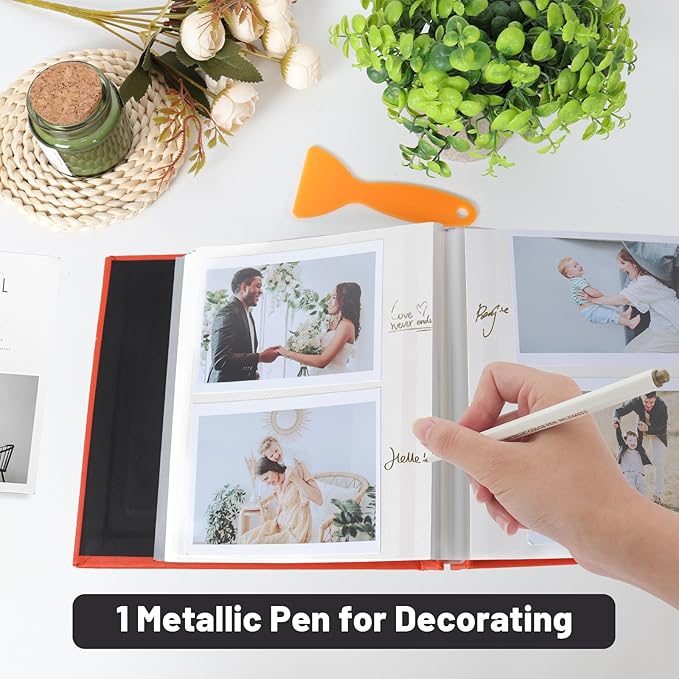 RECUTMS Photo Album Self Adhesive Magnetic Scrapbook 4x6 5x7 8x10 Pictures Scrapbook Album, 40 Pages Photo Book for DIY Baby Family Wedding with Metal Pen and Plastic Board (Orange)