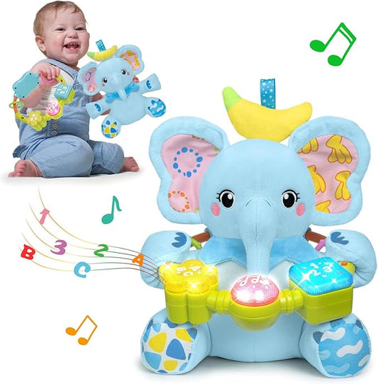 Baby Elephant Musical Stuffed Animals Toy with Light-Up Music & Crinkle,Infant Bilingual Early Learning Education Toys,1st Easter Basket Shower Stuffers for 0-3-6-12+ Months Boy Girl Gifts,Blue