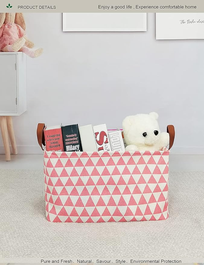 Rectangular Fabric Storage Box, Decorative Basket and Finishing Basket with Handle are Used for The Storage of Clothes, Books and Sundries(Pink Triangle) 1