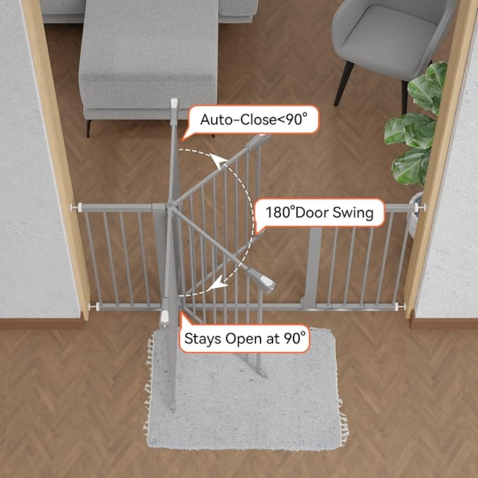 BABELIO 29-55 Inch Extra Wide Baby/Dog Gate, Metal Auto Close for The House and Doorways, Pressure Mounted Pet Door, NO Need Tools and Drilling, with Wall Cups, Gray