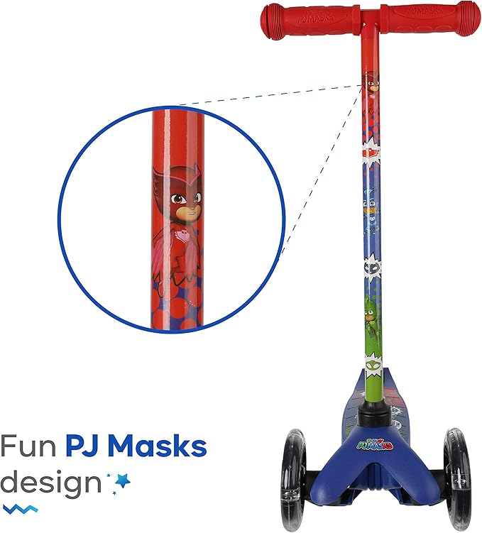 PJ Mask Self Balancing Kick Scooter with Light Up Wheels, Extra Wide Deck, 3 Wheel Platform, Foot Activated Brake, 75 lbs Limit, Kids & Toddlers Girls or Boys, for Ages 3 and Up
