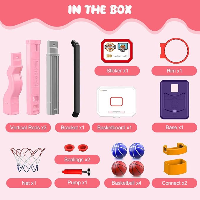 Toddler Basketball Hoop, Adjustable Height 2.3-4.5ft Baby Basketball Goal Set with 4 Balls & Pump, Backyard Poolside Basketball Toy for Boys & Girls Birthday Gift, Pink