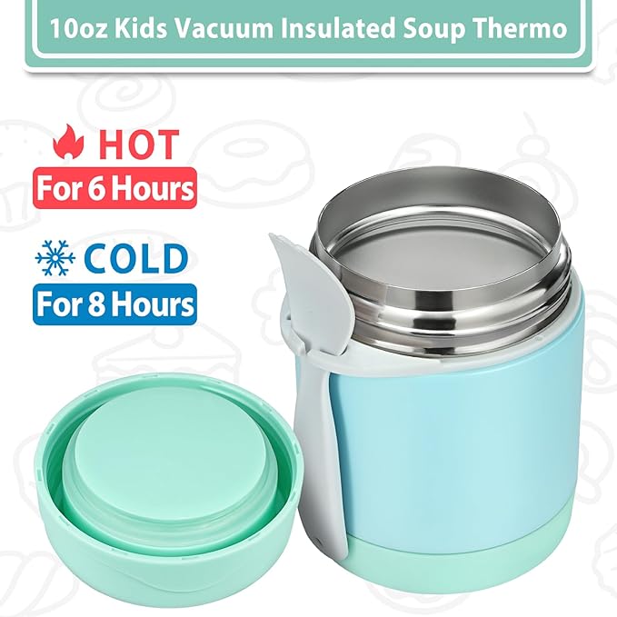 10oz Soup Thermo for Hot Food Kids,Lunch Thermo Kids Food Jar with Spoon Hot Insulated Food Containers,Leak Proof Stainless Steel Wide Mouth Lunch Food Thermo Jar for School(Mint-Green)