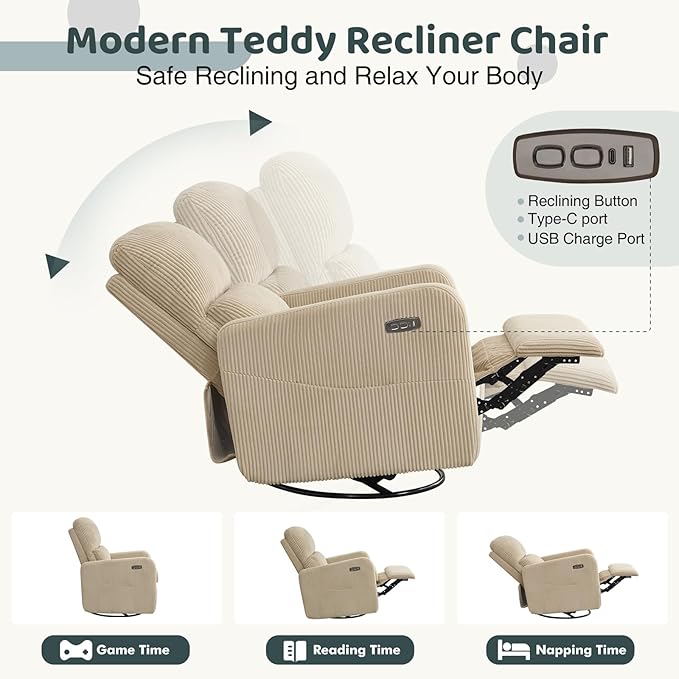 Swivel Rocker Recliner, Oversized Power Recliner Nursery Glider with Removable Cushion, Upholstered Swivel Reclining Chairs for Nursery Living Room Bedroom, Corduroy Camel