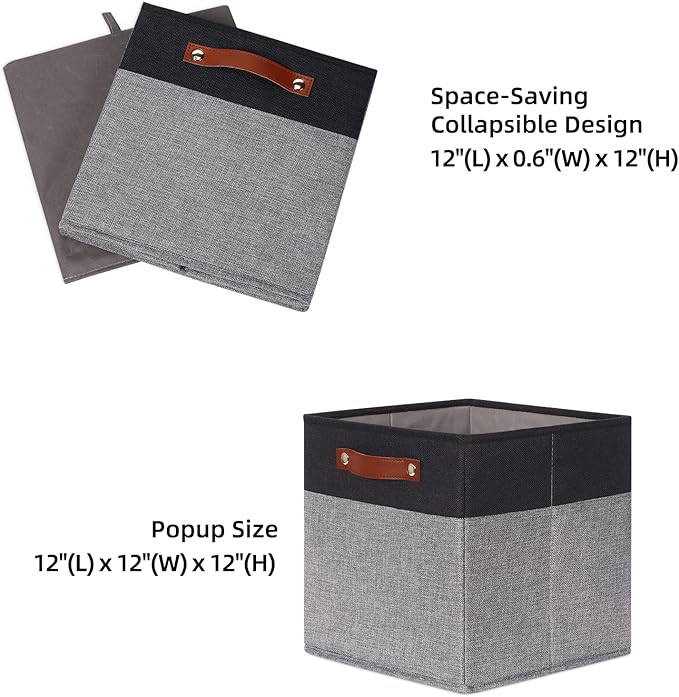 HNZIGE Cube Storage Baskets,Fabric Storage Cubes 12 x 12, Set of 4,Decorative Storage Baskets for Organizing with Handles,Closet Bins for Shelf Organizer Home Toy Nursery Closet(Black Gray)