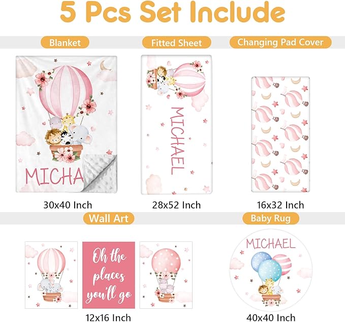 Personalized Baby Bedding Set, 5 Pcs Custom Infants Bedding Set with Infant Name, Double Layer Crib Set for Boys Girls, Customized Gifts for Nursery Toddlers Baby Shower, Hot Air Balloon Animal