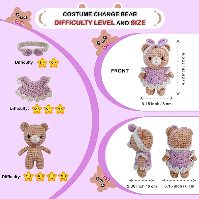 LoopMap Crochet Kit for Beginners - DIY Amigurumi Bear with Removable Dress & Accessories - Step-by-Step Video Tutorials, Extra Yarn, Crochet Tools, Handmade Gift for Kids & Adults (Bear K01, Purple)