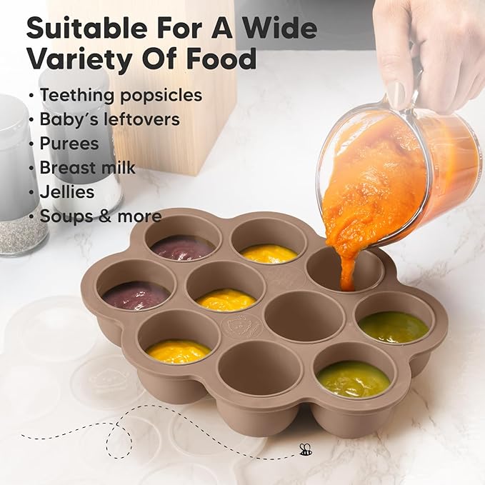KeaBabies Silicone Food Freezer Trays with Lid, 2oz x 10 Pods Baby Food Storage Containers, Easy Puree Meal Prep, Breast Milk Silicone Freezer Molds, Dishwasher, Microwave Safe,BPA-Free(Chai Latte)