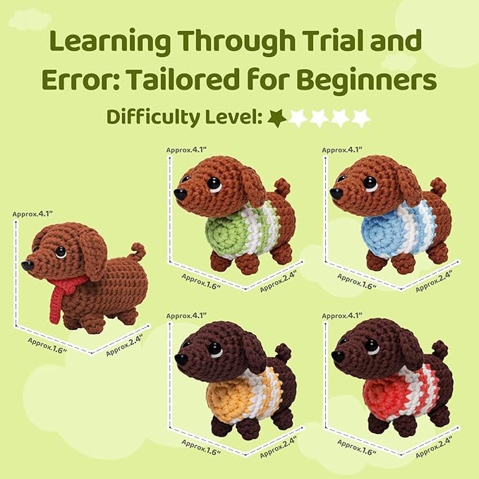 Mewaii Crochet Kit for Beginners – 5 Easy Dachshund Dog Crochet Kits with Step-by-Step Video Tutorials, Pre-Started Yarn, 40% Extra Yarn, Beginner Crochet Kit for Adults & Kids