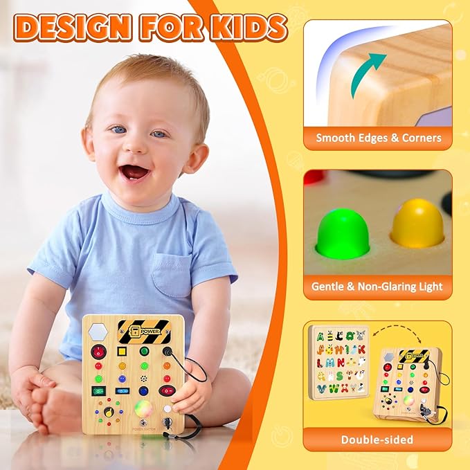 Busy Board with LED Light, Wooden Sensory Toys for Toddler, Montessori Music Toy for Airplane, Travel Activity Educational Learning Autism Toys, Birthday Boys Girls Gifts