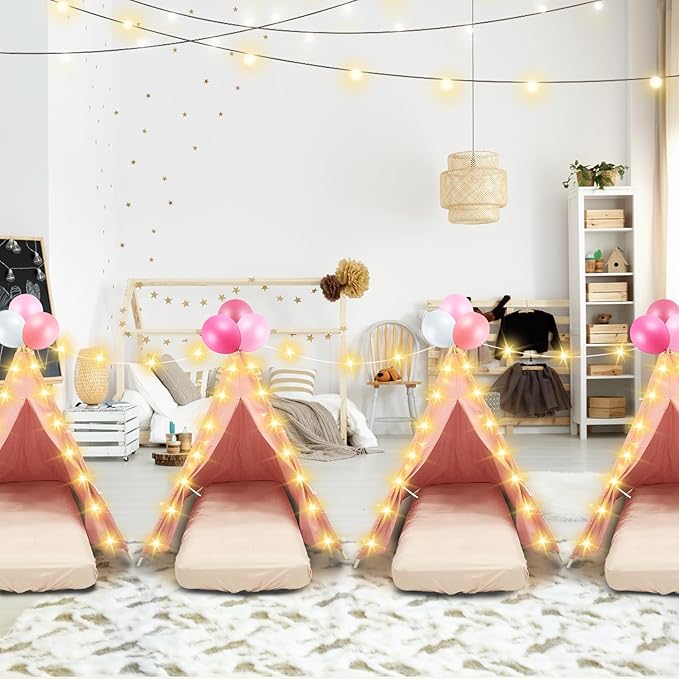 2 Pack Kids Teepee Tent with Mattress,Fitted Sheet,Light String,Washable Natural Cotton Toddler Play Tent for Girls Boys Indoor Outdoor Sleepover Slumber Birthday Party(Pink)