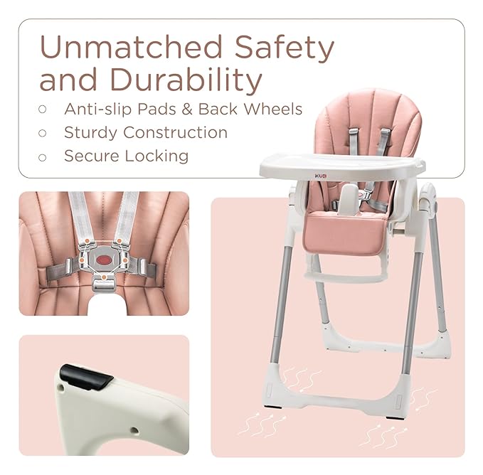 KÜB 3-in-1 Foldable Baby High Chair | 7 Height & 4 Recline Adjustable | Removable Seat & Tray for Easy Clean | 2 Locking Wheels | Multifunctional Infant High chairs for Babies and Toddlers Girl (Pink)