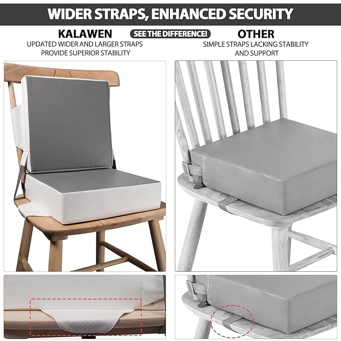 Kalawen Booster Seat for Kitchen Chair, Upgraded 2Pcs PU Washable Straps Safety Buckle Kids Toddler Booster Seat for Table