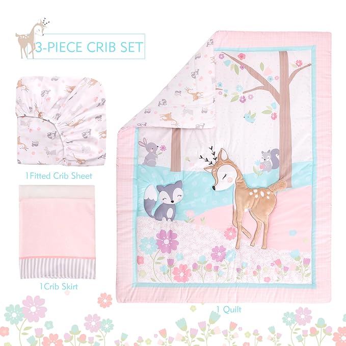 UOMNY Crib Bedding Set for Girls 3 Piece Woodland Baby Girl Crib Bedding Set Include Fitted Crib Sheet Comforter Crib Skirt