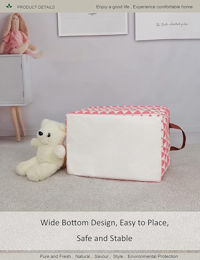 Rectangular Fabric Storage Box, Decorative Basket and Finishing Basket with Handle are Used for The Storage of Clothes, Books and Sundries(Pink Triangle) 1