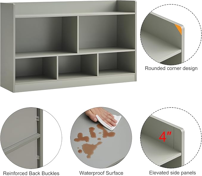 Kids Toy Storage Organizer, 5-Section Bookshelf for Organizing Books Toys, Wooden Storage Cabinet Daycare Furniture for School, Classroom Playroom, Nursery, Kindergarten (Grey)