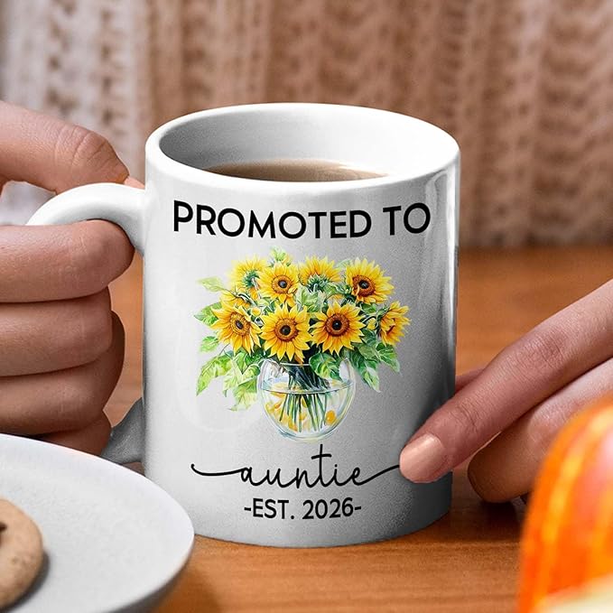 Promoted To Auntie EST 2026 Accent Mug Gift For Pregnancy Announcement, Personalized Name New Aunt Coffee Mug 11 15Oz, Customized Sunflowers Auntie White Coffee Cup For Birthday, First Time Aunt Cup