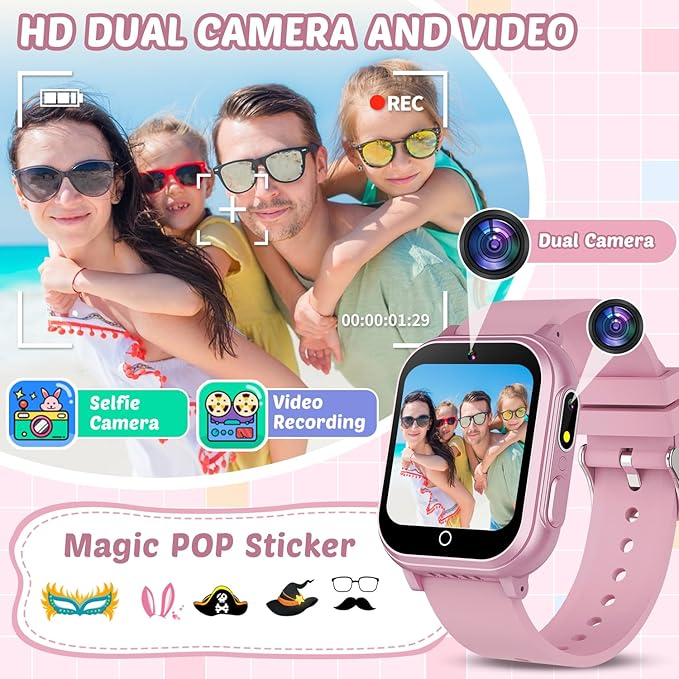 Waterproof Smart Watch for Kids Gift for Girls Age 5-12 with 32 Games, Dual Camera, Habit Tracking, Music Player, Video, Alarm Clock, HD Touchscreen Kids Smart Watch Birthday Toys for 3-12 Year Old