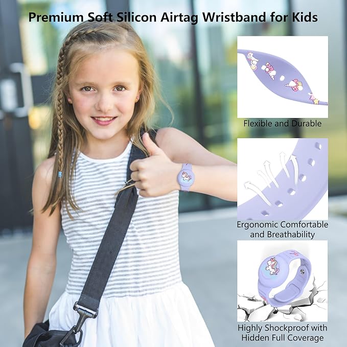 Waterproof Airtag Bracelet Kids,Cute Cartoon Silicone Hidden Airtag Wristband Kids,Anti-Lost Apple Airtag Holder Case for Toddler,Airtag Case Watch Band Tracker for Child-Purple
