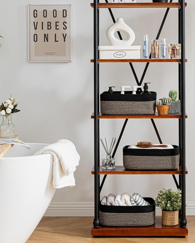 KALLAX Small Woven Basket, 13.5 x 9.5 x 5 Inches, Storage Basket for Organizing, Cute Small Rope Shelf Closet Cube Storage Bins Baskets for Shelves, Dog Toy Gift Baskets Empty, 3 Pack Black & Brown