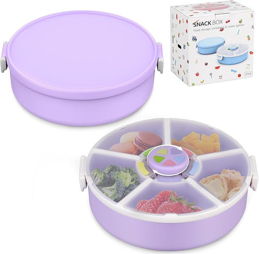Kids' Rotating Snack Container Set – 2-Pack, Includes 1 Rotating Snack Container & 1 Round Sectioned Snack Box, BPA-Free, Dishwasher Safe, Perfect for Travel-Purple