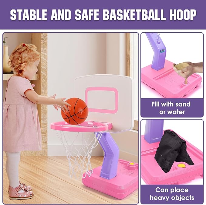 Super Joy Toddler Girl Basketball Hoop - Adjustable Kids Ball Hoop Set for Indoor - Portable Pink Mini Basketball Goal Outdoor Outside Pool Sport Toys Gifts for Baby Boys Age 1-3 2-4 3-5