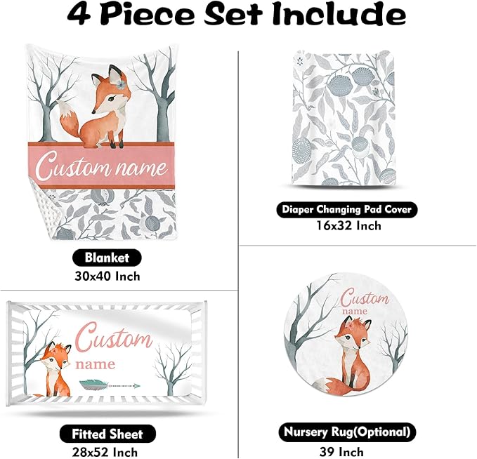 Custom Nursery Crib Bedding Set: Personalized Name 4 Piece Fox Pattern Baby Crib Sets for Girls - Toddler Double Layer Blanket Set, Comfortable Crib Bed Sheets for Baby Toddlers