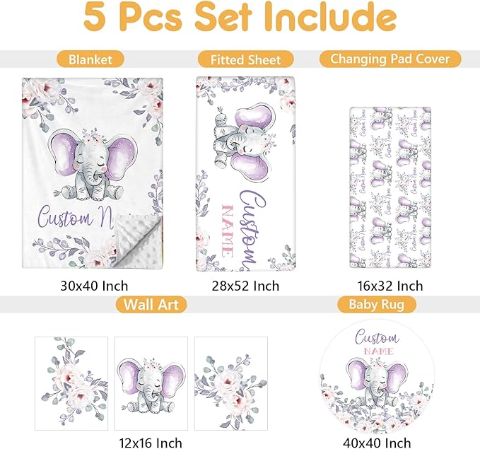 Personalized Baby Crib Bedding Set, 5 Pcs Custom Name Nursery Bedding Set, Purple Elephants Baby Bedding Set for Girls Boys, Double Layer Baby Crib Sets, Customized Gifts for Toddlers Infants
