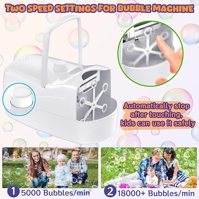 Bubble Machine, Automatic Bubble Blower for Kids, 18000+ Bubbles Per Minute with 2 Speed Settings, Battery/USB Powered Bubble Maker for Toddlers, Outdoor Birthday Parties, Weddings (White)