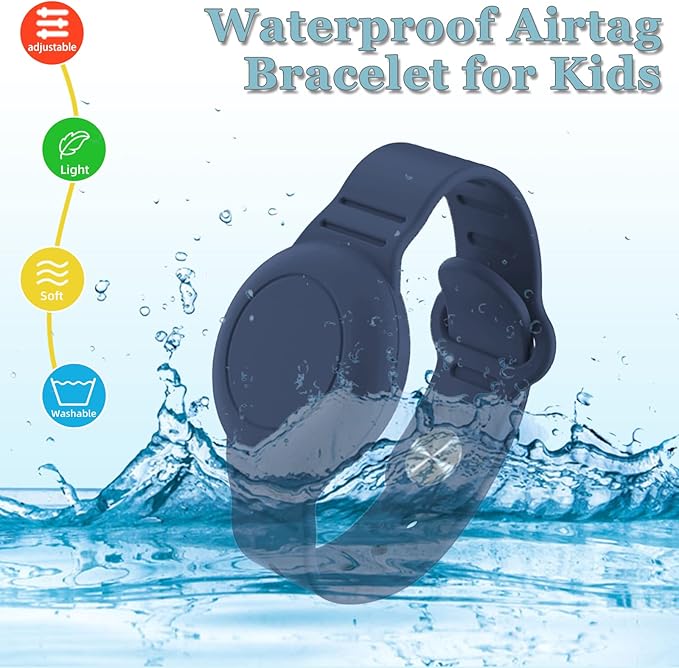 Kids Waterproof Airtag Bracelet Compatible with Apple AirTag, Hidden Silicon Protective Case for Air Tag GPS Tracker Holder, Adjustable Anti-Lost Watch Band for Toddler Child (Navy)