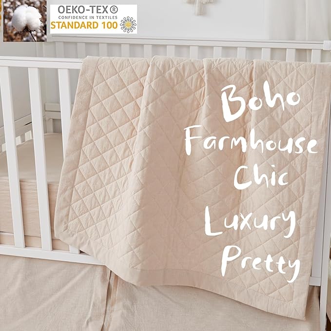 Brandream 3 Pieces Crib Bedding Set for Girls or Boys Quilt,Crib Sheet,Dust Ruffle Skirt, 100% Washed Cotton Like Linen Supersoft Farmhouse Chic Boho Beige Classic Quilted Plaid Design