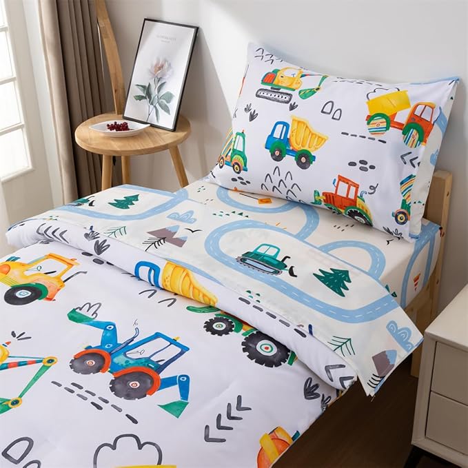 NTBED 4 Pieces Construction Toddler Bedding Set for Baby Boys,Watercolor Truck Vehicles Excavator Cars Printed, Includes Comforter, Flat Sheet, Fitted Sheet and Pillowcase,Multi