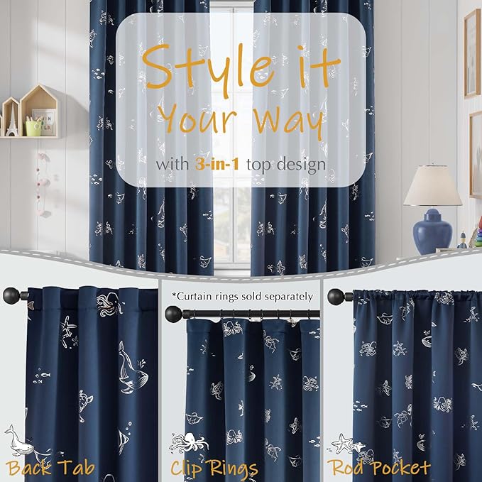 Vangao Kids Curtains for Boys Bedroom Kids Blackout Curtains 96 Inch Length Ocean Aquarium Nursery Drapes for Girls Bedroom Silver Sea Animals Print Thermal Insulated Drapes, Navy Blue 2 Panels