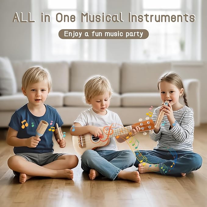 Kids Guitar Set - 7 in 1 Musical Instruments for Toddlers 2-4, Wooden Musical Toys for 2 3 4 Year Old Boy & Girls Birthday Gifts, Band Sets with Ukulele/Flute/Tambourine/Maracas Toys for Kids 3-5