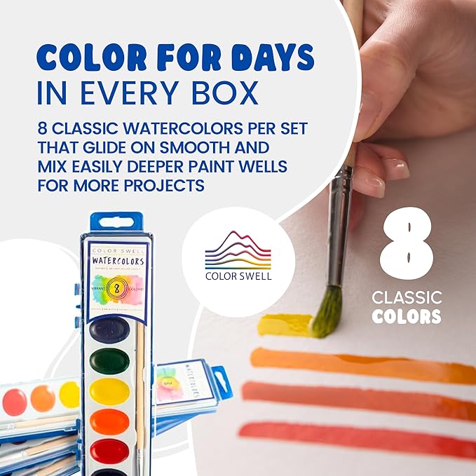 Color Swell Washable Bulk Watercolors, 18 pack, 8 Colors, Wood Brush, Classroom Bulk Pack - Bulk Watercolors