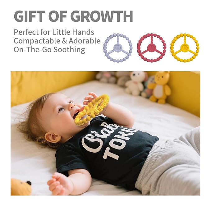 3 Pack Baby Teething Toys 3-6 Months, Silicone Ring Teethers for Babies 6-12 Months, Freezer Safe Chew Toy with Textured Grip for Boys Girls Teething Relief, Infant Easter Gift (Lavender Yellow Red)