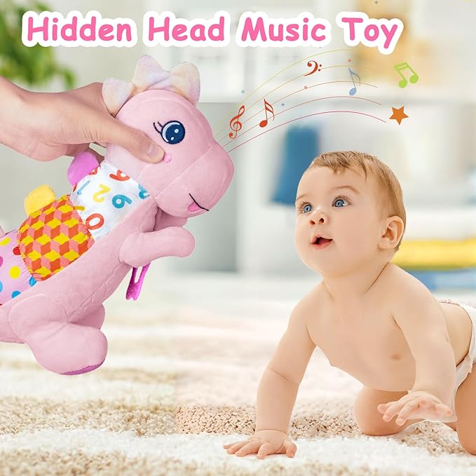 Baby Dino Plush Soft Stuffed Animal Toy for 0-3-6-12+ Months,Infant Musical Toy with Rattle,Squeaker,Sensory Crinkle,Teether & Textures,Tummy Time Toys Christmas Baby Gift for Newborn Girl(Pink)