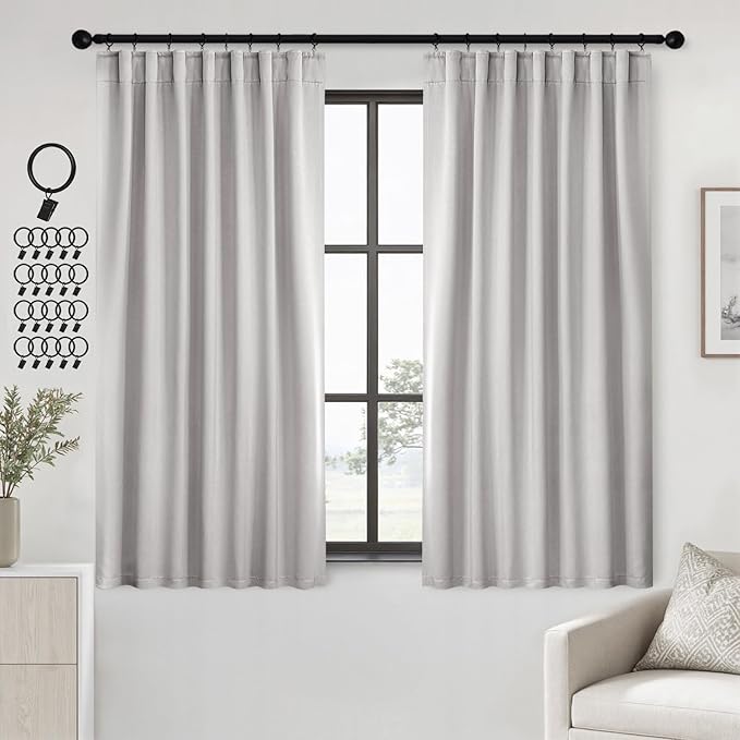 ANRODUO Back Tab Blackout Curtains for Bedroom Living Room, Rod Pocket Pinch Pleated Thermal Insulated Room Darkening Curtains 72 Inches Long 2 Panels, Greyish White, 42 x 72 Inch