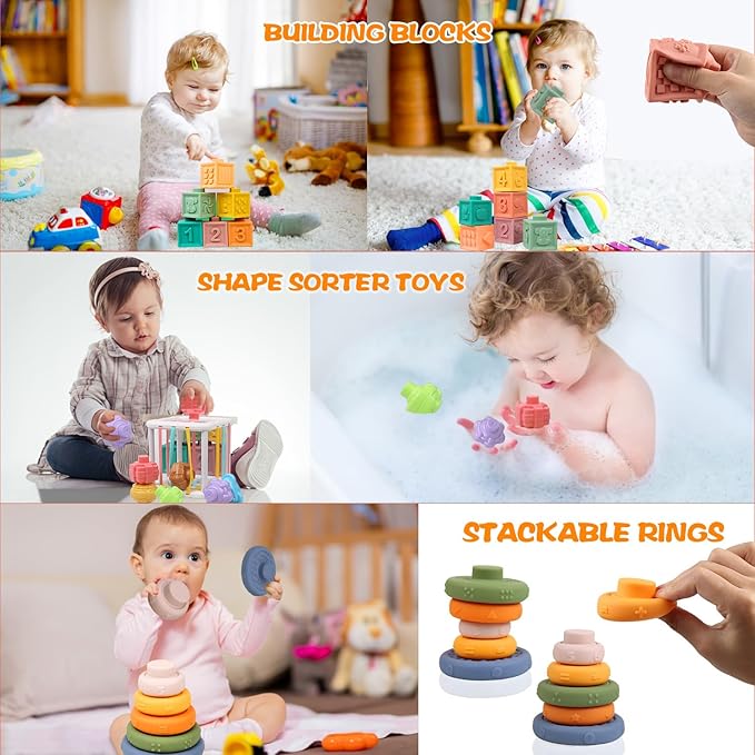 Montessori Toys for Babies 6-12 Months, 4 in 1 Soft Baby Teething Toys, Stacking Building Blocks & Rings for Infants, Sensory Bin Toy