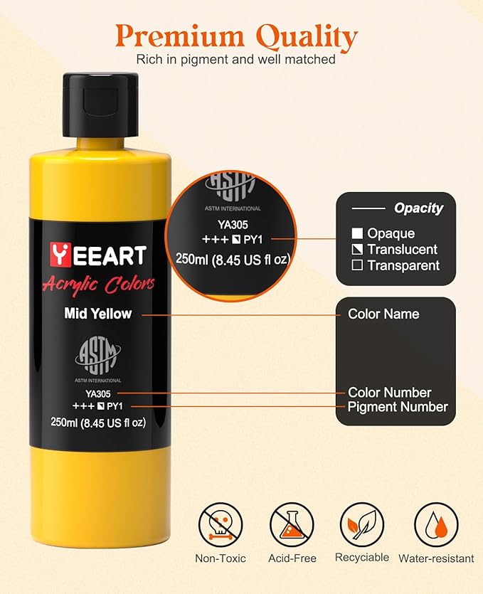 Acrylic Paint Set - 18 Colors, 8.45oz Large Bottles, Rich Pigmented Canvas Paint for Artists, Kids & Adults - Premium Non-toxic Art Supplies