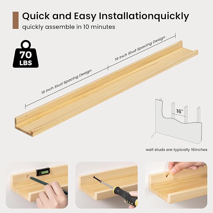 Picture Ledge Shelf, Solid Pine Wood Floating Shelves Set of 2, 32 Inches Nursery Book Shelves for Toys Storage, Kids Bookshelf Wall Mounted for Living Room Decor Photo Frames, Unfinished Natural