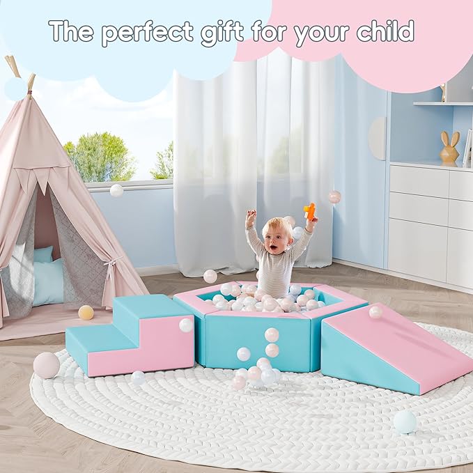 Foam Climbing Blocks for Girls Toddlers,Pink Soft Play Set Ball Pit,Climb & Crawl Foam Playset for Kids, Toddler Climber Indoor with Pad,Easy to Clean
