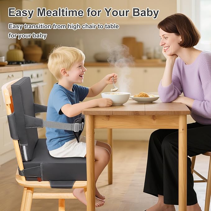 Toddler Booster Seat for Dining Table Kitchen Chair, Waterproof Non-Slip with Backrest & Adjustable Straps, Portable PU Travel Baby Kids Booster Seat Cushion