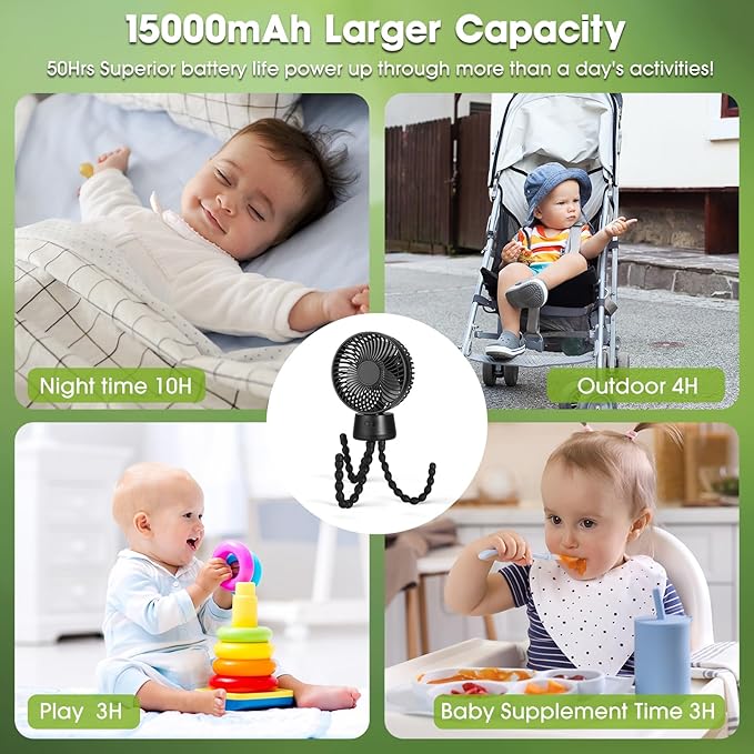 50H Portable Stroller Fan, 15000mAh Ultra-Long Battery Powered Rechargeable Personal Fans, Tripod Clip Fan with Auto Rotation，3 Speed Desk Handheld Cooling for Travel Car Seat Bedroom